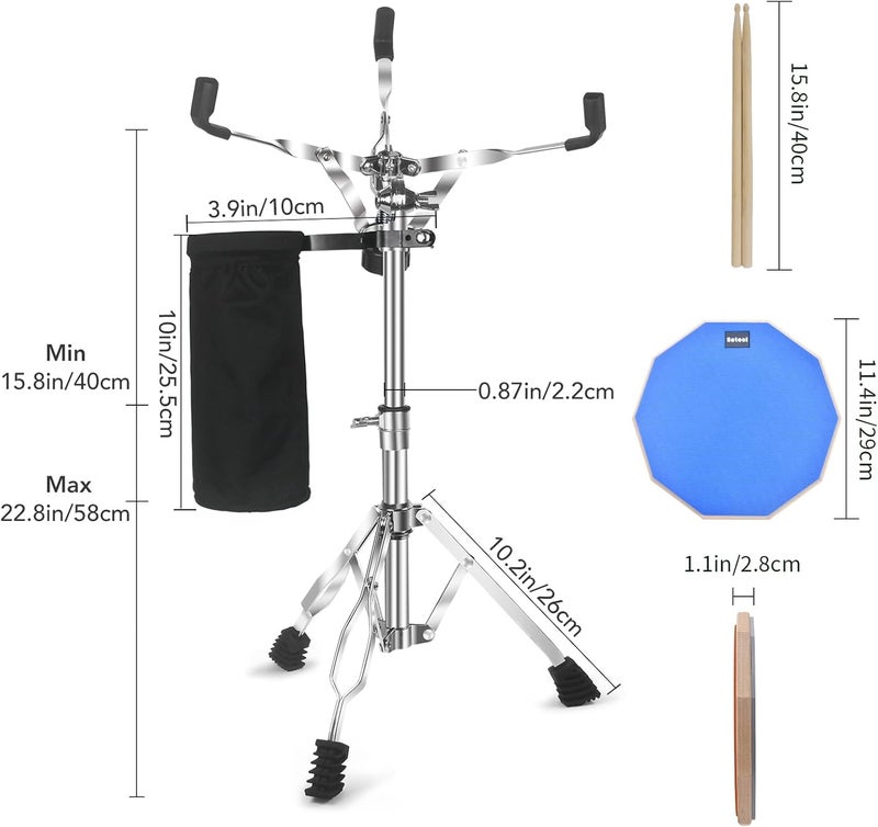 Seteol Drum Practice Pad Set, 12 Inch Double Sided Silent Drum Pad with Storage Bag + Adjustable Snare Drum Stand with Carry Bag + 2 Pair Drum Sticks with Drumstick Holder, Fits 10"-14" Drums (Blue) - Image 3